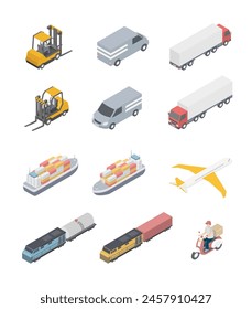 Transport isometric set with ships, plane, forklift, loader, industrial ships, lorry, delivery car, tanker, cargo. Logistic vector illustration.