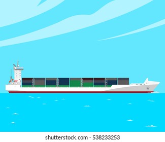 Transport of large quantities of goods and cargo container ship ever cheaper and longer. Vector illustration