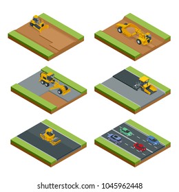 Transport for laying and repair of asphalt. Isometric concept of Forklifts, Asphalt Paver, Wheel tractor-scraper, Excavator, Tractor, Bulldozer, Truck.