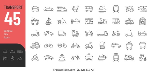 
Transport Line Editable Icons set. Vector illustration in a modern thin line style of vehicle related icons: cars, trucks, public transport, and more. Isolated on transparent background.
