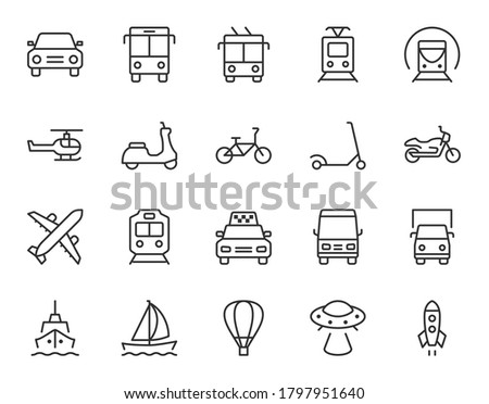 Transport line icon. Minimal vector illustration with thin outline icons as car, bus, train, bicycle, truck, motorcycle, cargo shipping, lorry and other vehicle. Editable Stroke