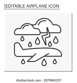  Transport line icon. Plane inside a lightstorm. Bad weather. Fast passenger transportation. Airplane concept. Isolated vector illustration. Editable stroke