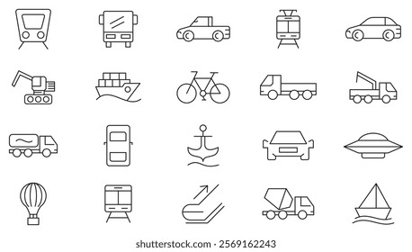 Transport line icon set. bus, car, truck, taxi, train, tram, bicycle, motorbike, scooter, transportation, vehicle, electric car line icon set. UI thin line icon pack.