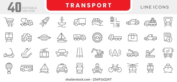 Transport line icon set. bus, car, truck, taxi, train, tram, bicycle, motorbike, scooter, transportation, vehicle, electric car line icon set. UI thin line icon pack.