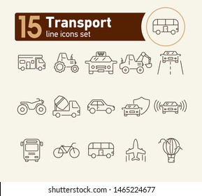 Transport line icon set. Camper, tractor, taxi, car. Transport concept. Can be used for topics like vehicle, travel, delivery