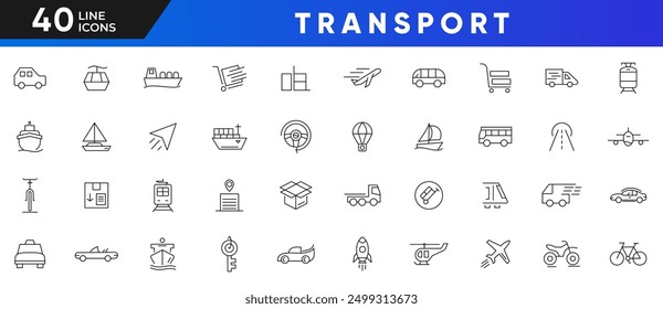 Conjunto de iconos de línea de transporte. Contiene coche, bici, avión, tren, bicicleta, moto, autobús, scooter, caja, electrico, cohete, correr, barco, colección de icono de contorno de cable. Paquete de iconos de línea delgada de interfaz de usuario. 