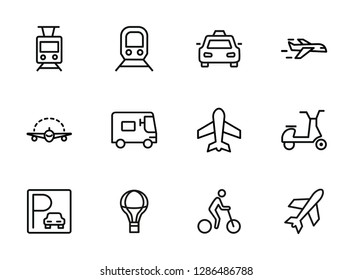 Transport line icon set. Set of line icons on white background. Airplane, bicycle, car. Travel concept. Vector illustration can be used for topics like tourism, active lifestyle