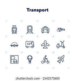 Transport line icon set. Set of line icons on white background. Airplane, bicycle, car. Travel concept. Vector illustration can be used for topics like tourism, active lifestyle