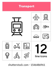 Transport line icon set. Set of line icons on white background. Airplane, bicycle, car. Travel concept. Vector illustration can be used for topics like tourism, active lifestyle