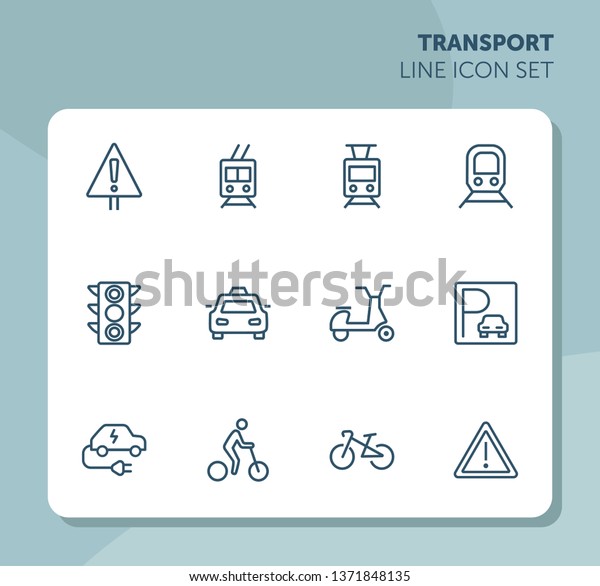 Transport line icon set. Set of line icons on\
white background. Transportation concept. Car, trail, bicycle.\
Vector illustration can be used for topics like city, traffic,\
energy