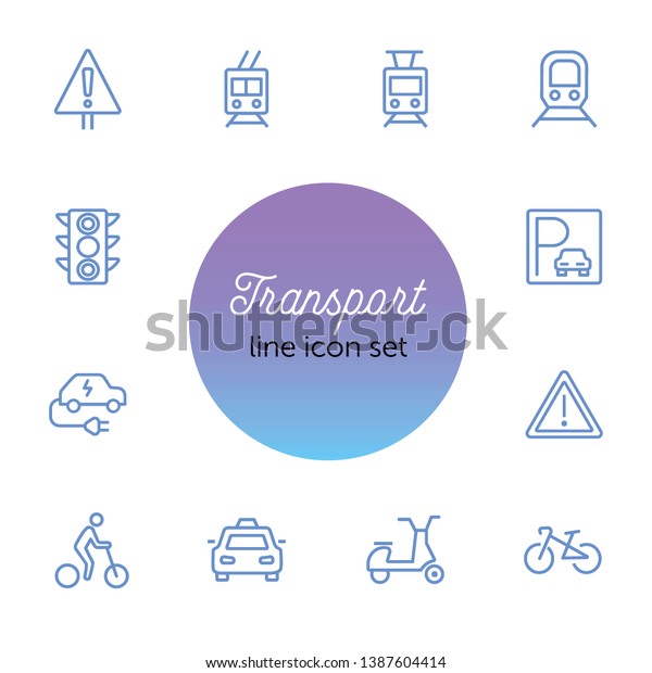 Transport line icon set. Set of line icons on\
white background. Transportation concept. Car, trail, bicycle.\
Vector illustration can be used for topics like city, traffic,\
energy