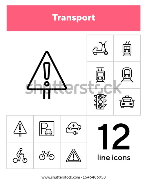 Transport line icon set. Set of line icons on
white background. Transportation concept. Car, trail, bicycle.
Vector illustration can be used for topics like city, traffic,
energy