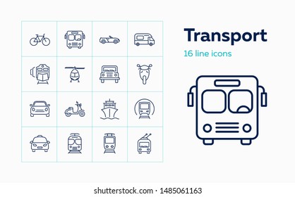 Transport line icon set. Train, ship, helicopter. Transportation concept. Can be used for topics like vehicles, trip, travel