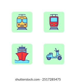 Transport line icon set. Tram, train, ship and scooter. Means of travel concept. Vector illustration for web design and apps