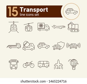 Transport line icon set. Van, car, airplane, helicopter, bus. Transport concept. Can be used for topics like vehicle, delivery, traffic
