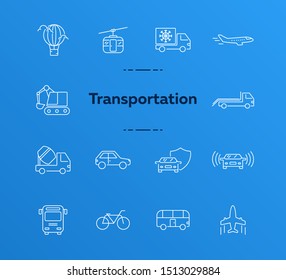Transport line icon set. Van, car, airplane, helicopter, bus. Transport concept. Can be used for topics like vehicle, delivery, traffic