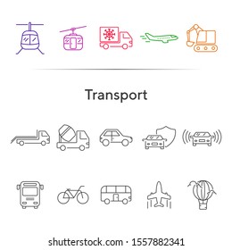 Transport line icon set. Van, car, airplane, helicopter, bus. Transport concept. Can be used for topics like vehicle, delivery, traffic
