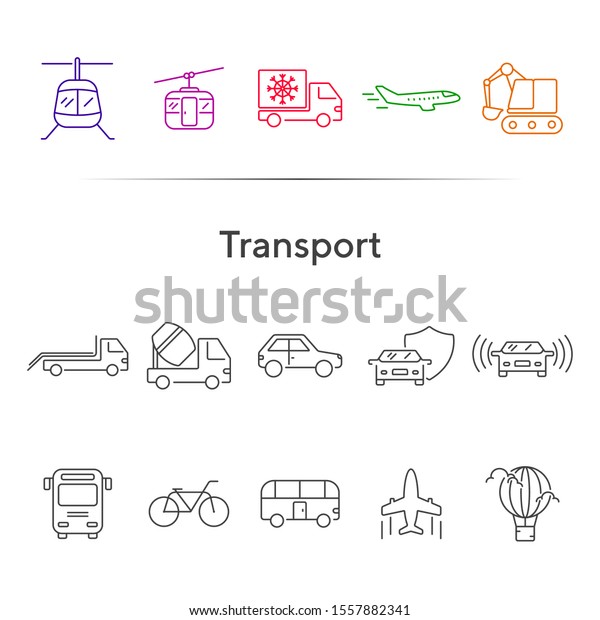 Transport line icon set. Van, car, airplane,\
helicopter, bus. Transport concept. Can be used for topics like\
vehicle, delivery,\
traffic