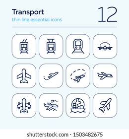 Transport line icon set. Vehicle, subway, train, plane, ship. Transportation concept. Can be used for topics like delivery, shipment, travel, tourism