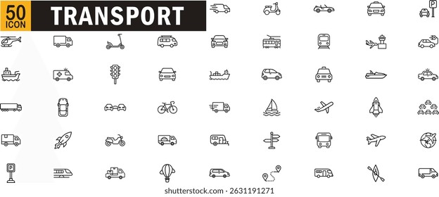 Transport line icon set. Vehicles, shipping, airplane, delivery, travel, public transport and more.
