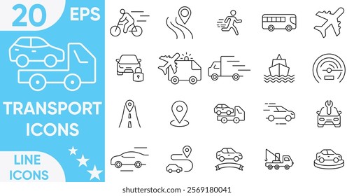 Transport line icon set.Includes Bus, Snowmobile, Cruise Ship, Containing car, bike, plane, train, bicycle, motorbike, bus, scooter. Motorcycle, and More.Vector and illustrator set.