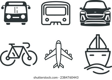 Transport Line Icons, Car, Bus, Bike, Train Vector