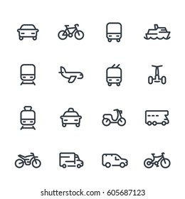 Transport line icons over white, cars, train, airplane, van, bike, motorbike, bus, taxi, trolleybus, subway, public transportation, air and 