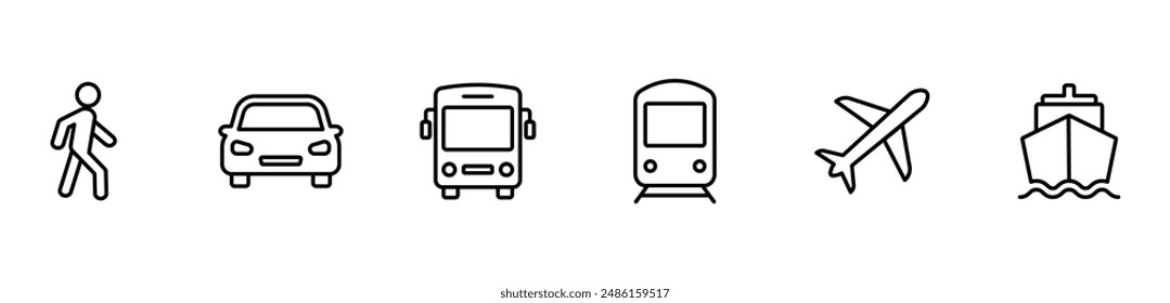 Transport line icons set. Auto, bus, train, ship, plane and on foot. Public, travel and delivery transport icons. Vector illustration.