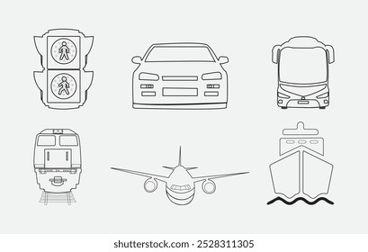 Conjunto de ícones da linha de transporte. Automóvel, ônibus, trem, navio, avião e a pé. Ícones de transporte público, de viagem e de entrega. isolados no fundo branco