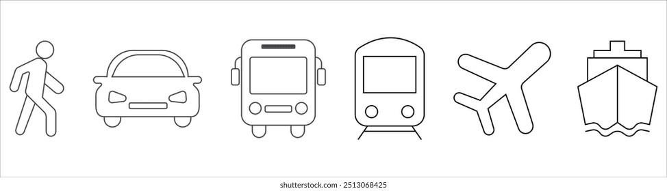 Transport line icons set. Car Bus, train, ship, plane and on foot. Public, travel and delivery transport icons. Vector illustration isolated on white background.