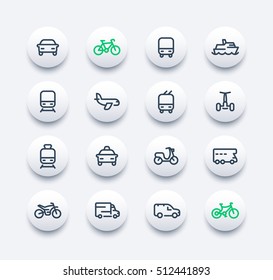 Transport line icons set, car, ship, train, airplane, van, bike, motorbike, camper, bus, taxi, trolleybus, subway, public transportation