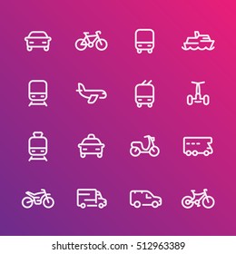 Transport line icons set, car, ship, train, airplane, van, bike, motorbike, bus, taxi, trolleybus, subway, public transportation, air 