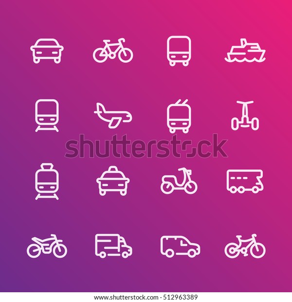 Transport line icons set, car, ship, train, airplane,\
van, bike, motorbike, bus, taxi, trolleybus, subway, public\
transportation, air 
