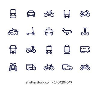 Transport line icons set, cars, train, airplane, bike, motorbike, bus, taxi, tuk tuk, quad bike, subway, public transportation, vector