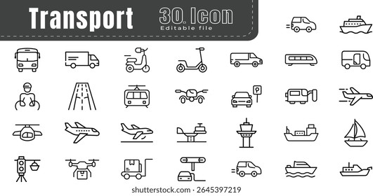 Transport line icons set. Editable stroke. Pixel perfect. Containing car, bike, plane, train, bicycle, motorbike, bus and scooter icons. Solid icon collection