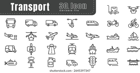 Transport line icons set. Editable stroke. Pixel perfect. Containing car, bike, plane, train, bicycle, motorbike, bus and scooter icons. Solid icon collection
