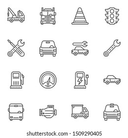 Transport line icons set. linear style symbols collection, outline signs pack. vector graphics. Set includes icons as lorry truck, car repair service, electric car charge, gas station, taxi, bus