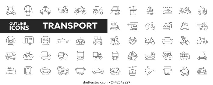 Transport line icons set. Transport outline icons collection. Includes Car, Bus, Forklift, Airplane, Tractor and More.