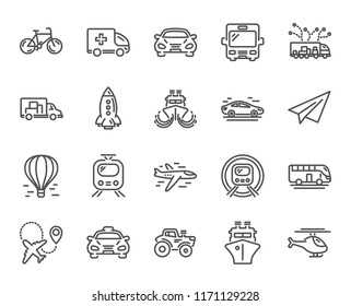 Iconos de línea de transporte. Conjunto de iconos Taxi, Helicóptero y Tren lineales. Símbolos de transporte de camiones, metro subterráneo o tranvía y globo aerostático. Bicicleta, avión del aeropuerto y barco. Autobús, avión de papel. Vector