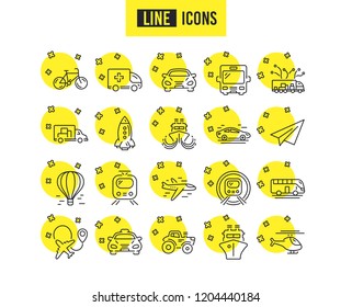 Transport line icons. Set of Taxi, Helicopter and Train linear icons. Truck, Underground metro or Tram and Air balloon transport symbols. Bike, Airport plane and Ship. Travel bus. Paper airplane