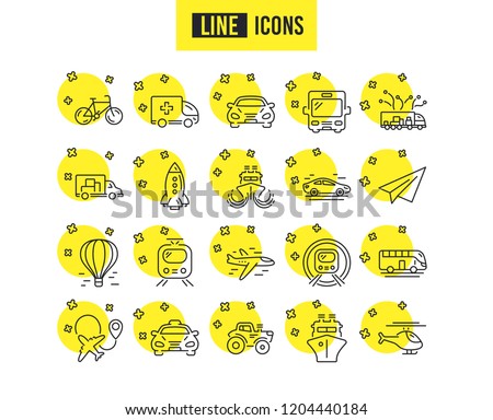 Transport line icons. Set of Taxi, Helicopter and Train linear icons. Truck, Underground metro or Tram and Air balloon transport symbols. Bike, Airport plane and Ship. Travel bus. Paper airplane