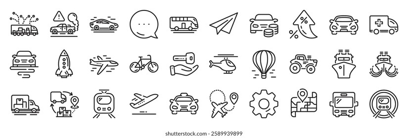 Transport line icons. Settings gear, Message, Inflation icons. Taxi, Helicopter and subway train icons. Truck car, Tram and Air balloon transport. Bike, Airport airplane and Ship, subway. Vector