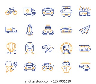 Transport line icons. Taxi, Helicopter and subway train icons. Truck car, Tram and Air balloon transport. Bike, Airport airplane and Ship, subway. Travel bus, ambulance car, paper airplane. Vector