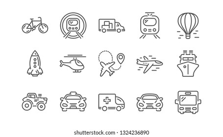 Transport line icons. Taxi, Helicopter and Train. Airplane linear icon set.  Vector