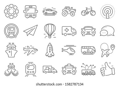 Transport line icons. Taxi, Helicopter and subway train icons. Truck car, Tram and Air balloon transport. Bike, Airport airplane and Ship, subway. Travel bus, ambulance car, paper airplane. Vector