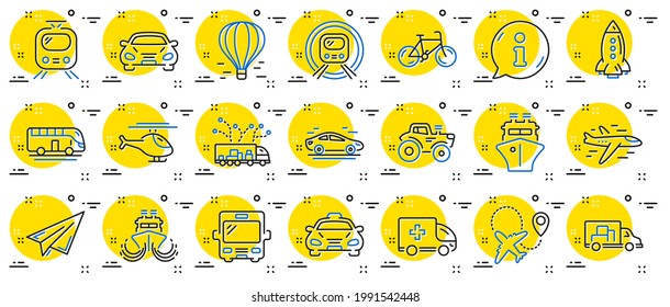 Transport line icons. Taxi, Helicopter and subway train icons. Truck car, Tram and Air balloon transport. Bike, Airport airplane and Ship, subway. Travel bus, ambulance car, paper airplane. Vector