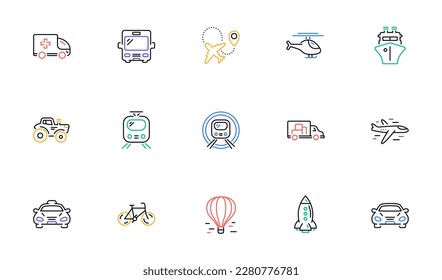 Transport line icons. Taxi, Helicopter and Train. Airplane linear icon set. Bicolor outline web elements. Vector