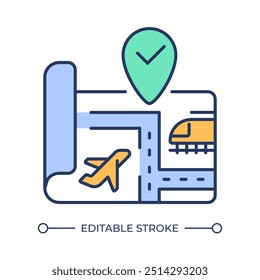 Transport link RGB color icon. Transportation connectivity. Logistics infrastructure. Map with airplane and train. Isolated vector illustration. Simple filled line drawing. Editable stroke