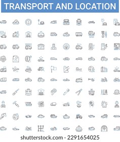 Transport and location outline icons collection. Transport, Location, Voyage, Journey, Shipping, Move, Express vector illustration set. Trip, Haul, Relocate line signs