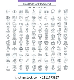 Transport and logistic big icons set. Modern icons on theme delivery, packaging, navigation and transportation. Thin line design icons collection. Vector illustration